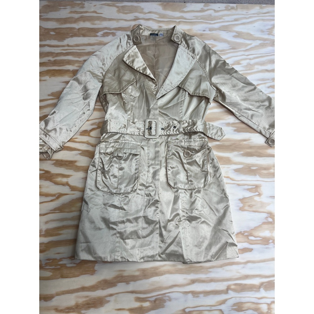 Charming Charlie Champagne Gold Satin Trench Coat Belted Ruffle Cuff Jacket